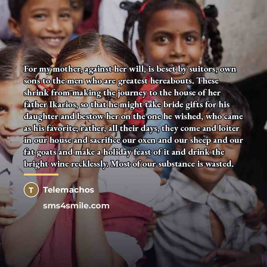 “For my mother, against her will, is beset by suitors,…” quote by Telemachos