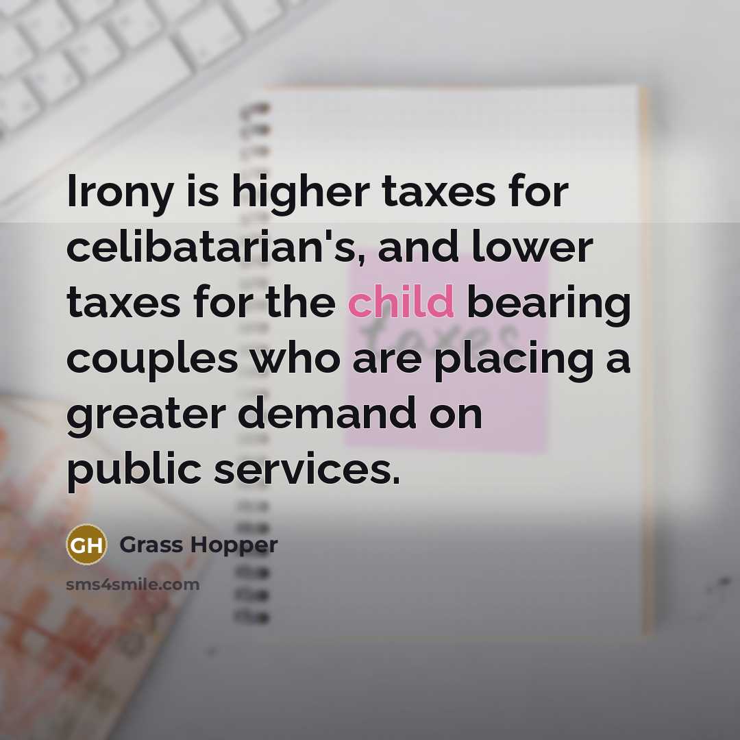 “Irony is higher taxes for celibatarian's, and lower taxes for…” quote by Grass Hopper