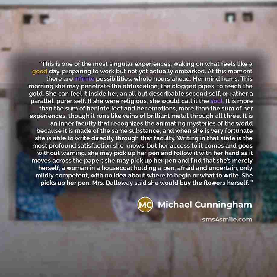 “This is one of the most singular experiences, waking on what feels like a good day, preparing to work but not yet actually embarked. At this moment there are infinite possibilities, whole hours ahead. Her mind hums. This morning she may penetrate the obfuscation, the clogged pipes, to reach the…” quote by Michael Cunningham