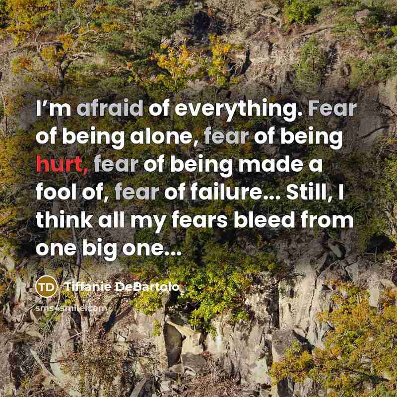 “I’m afraid of everything. Fear of being alone, fear of being hurt, fear of being made a fool of, fear of failure... Still, I think all my fears bleed from one big one...” quote by Tiffanie DeBartolo