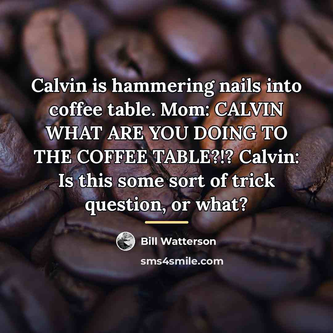 “Calvin is hammering nails into coffee table. Mom: CALVIN WHAT…” quote by Bill Watterson