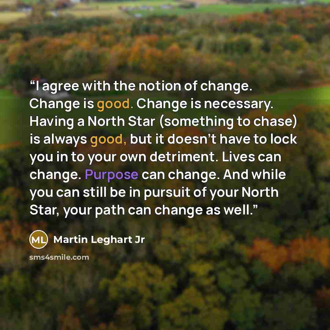 “I agree with the notion of change. Change is good. Change is necessary. Having a North Star (something to chase) is always good, but it doesn’t have to lock you in to your own detriment. Lives can change. Purpose can change. And while you can still be in pursuit of your North Star, your path can…” quote by Martin Leghart Jr