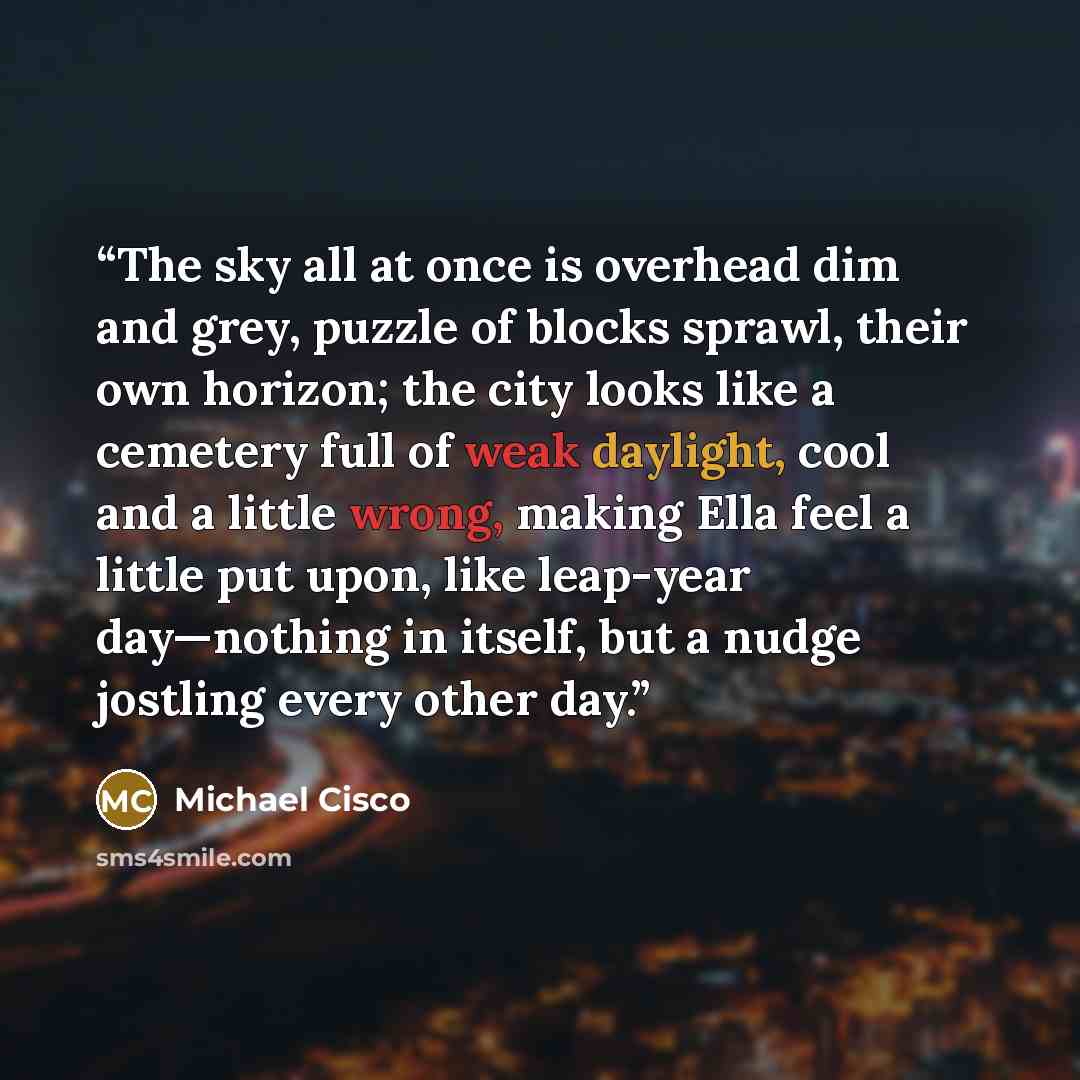 “The sky all at once is overhead dim and grey, puzzle of blocks sprawl, their own horizon; the city looks like a cemetery full of weak daylight, cool and a little wrong, making Ella feel a little put upon, like leap-year day—nothing in itself, but a nudge jostling every other day.” quote by Michael Cisco