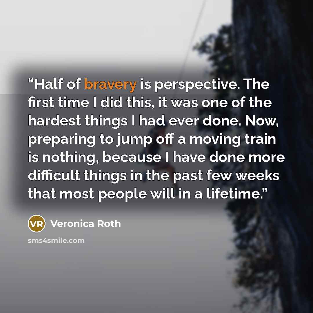 “Half of bravery is perspective. The first time I did this, it was one of the hardest things I had ever done. Now, preparing to jump off a moving train is nothing, because I have done more difficult things in the past few weeks that most people will in a lifetime.” quote by Veronica Roth