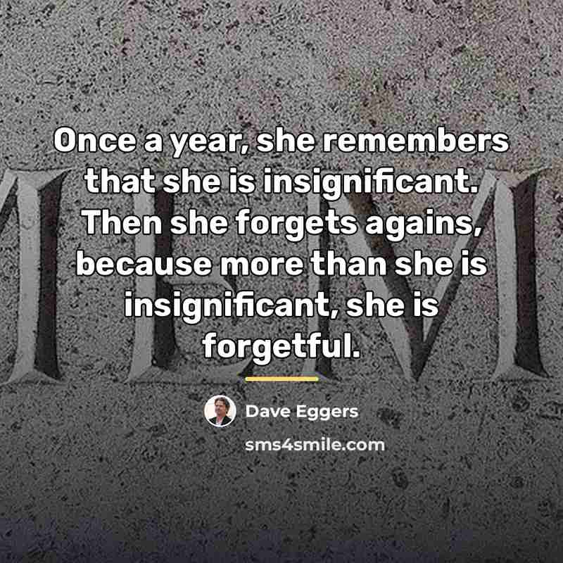 “Once a year, she remembers that she is insignificant. Then…” quote by Dave Eggers