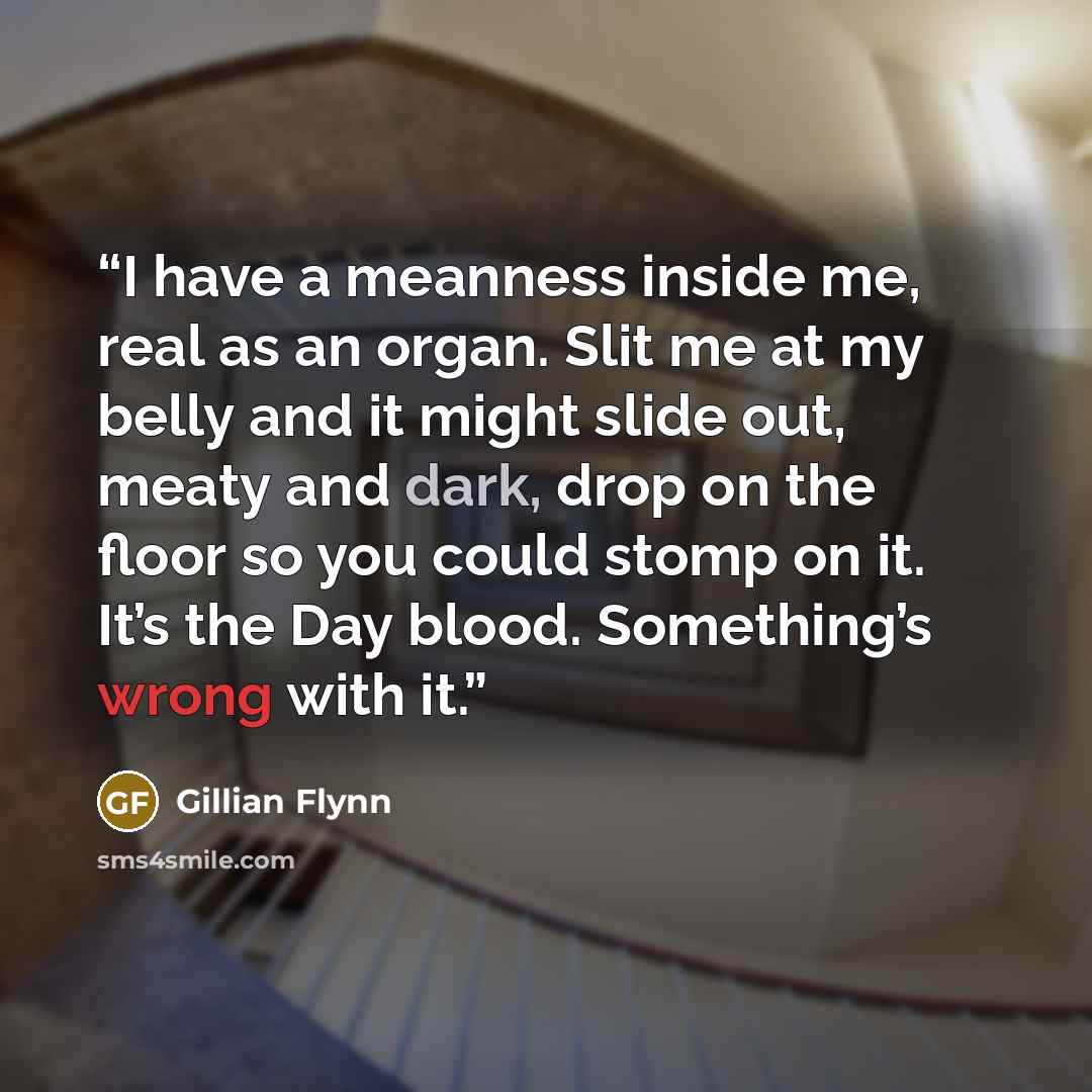 “I have a meanness inside me, real as an organ. Slit me at my belly and it might slide out, meaty and dark, drop on the floor so you could stomp on it. It’s the Day blood. Something’s wrong with it.” quote by Gillian Flynn