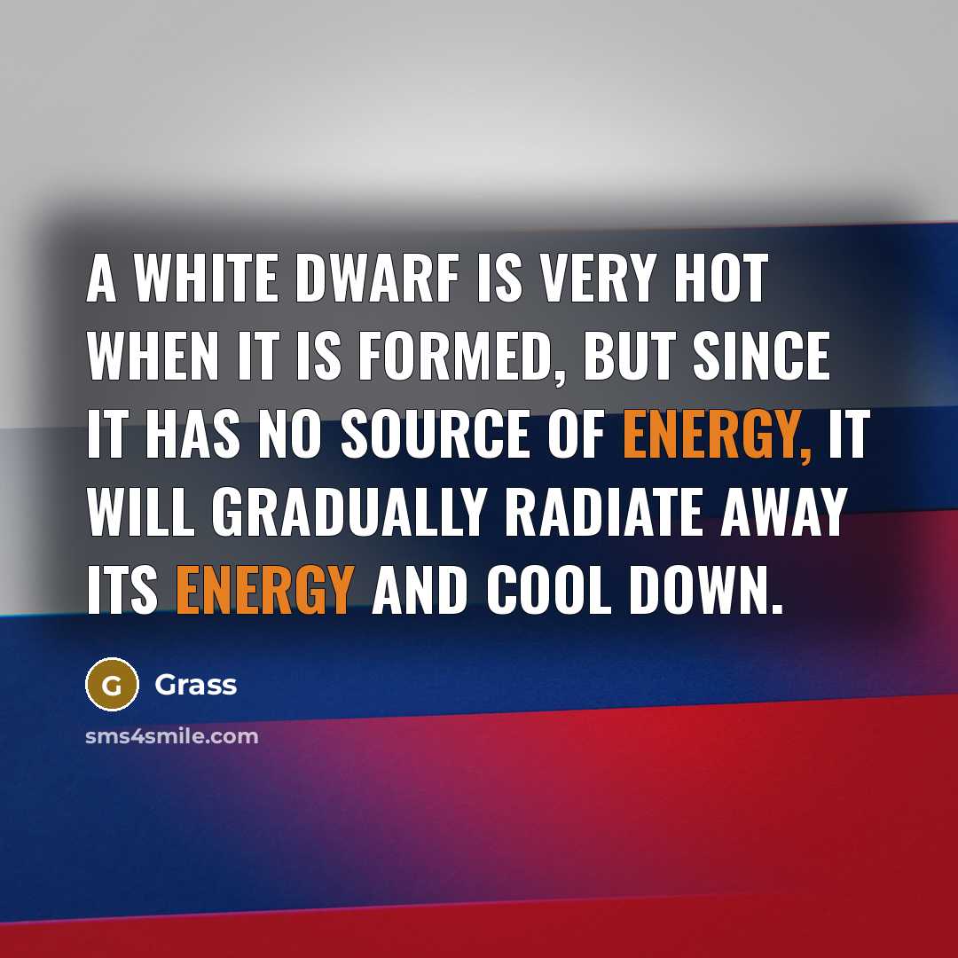 “A white dwarf is very hot when it is formed, but since it has no source of energy, it will gradually radiate away its energy and cool down.” quote by Grass