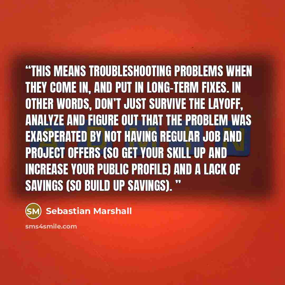 “This means troubleshooting problems when they come in, and put in long-term fixes. In other words, don’t just survive the layoff, analyze and figure out that the problem was exasperated by not having regular job and project offers (so get your skill up and increase your public profile) and a lack…” quote by Sebastian Marshall