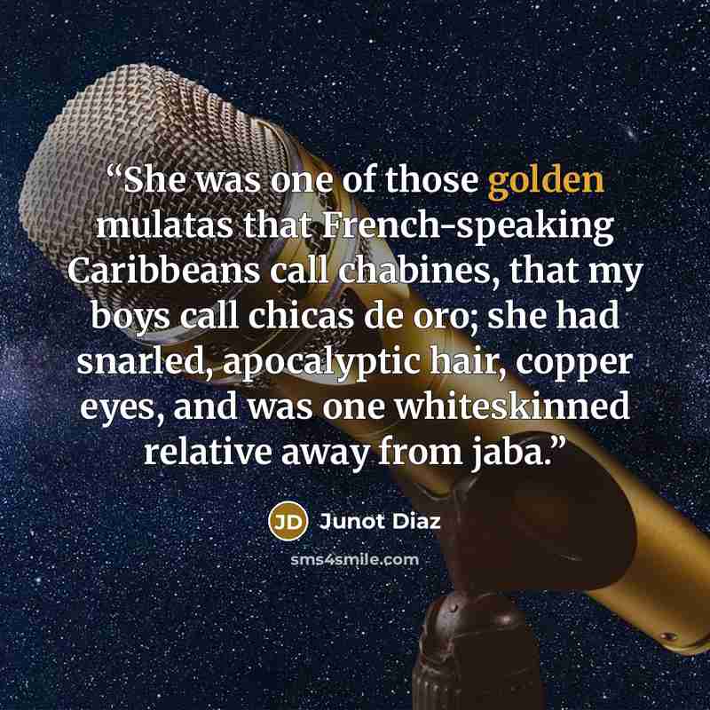 “She was one of those golden mulatas that French-speaking Caribbeans call chabines, that my boys call chicas de oro; she had snarled, apocalyptic hair, copper eyes, and was one whiteskinned relative away from jaba.” quote by Junot Díaz