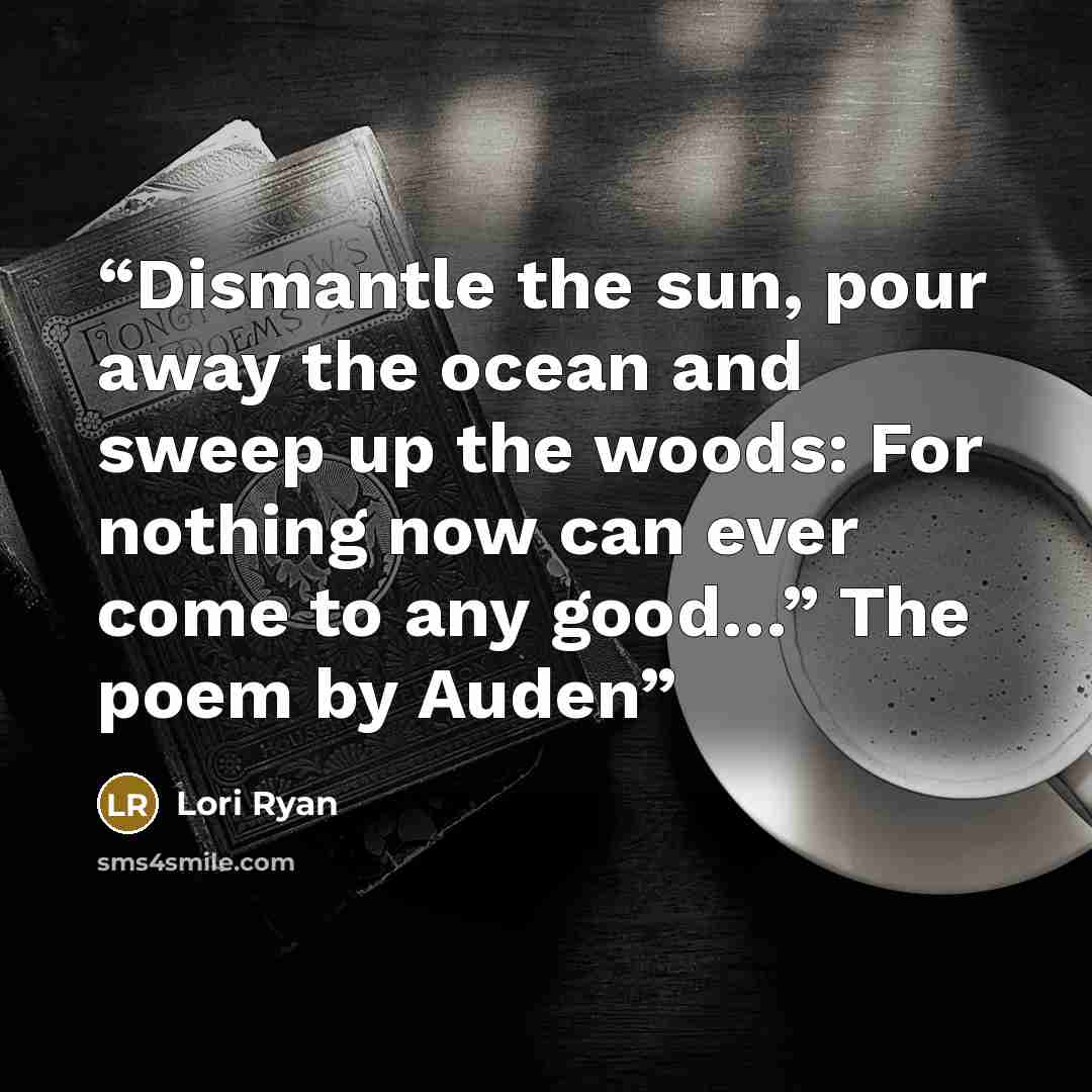 “Dismantle the sun, pour away the ocean and sweep up the woods: For nothing now can ever come to any good…” The poem by Auden” quote by Lori Ryan