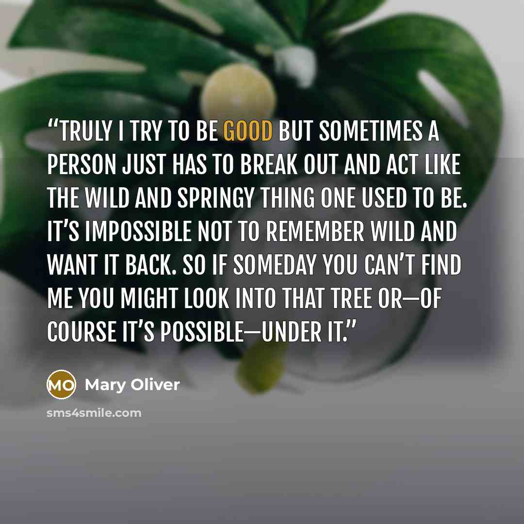 “Truly I try to be good but sometimes a person just has to break out and act like the wild and springy thing one used to be. It’s impossible not to remember wild and want it back. So if someday you can’t find me you might look into that tree or—of course it’s possible—under it.” quote by Mary Oliver
