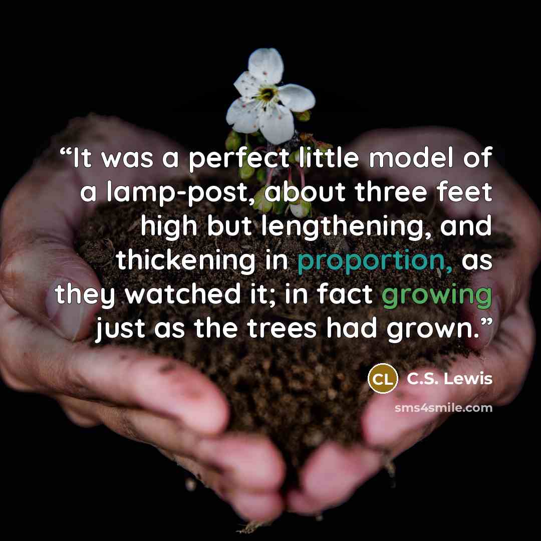“It was a perfect little model of a lamp-post, about three feet high but lengthening, and thickening in proportion, as they watched it; in fact growing just as the trees had grown.” quote by C.S. Lewis