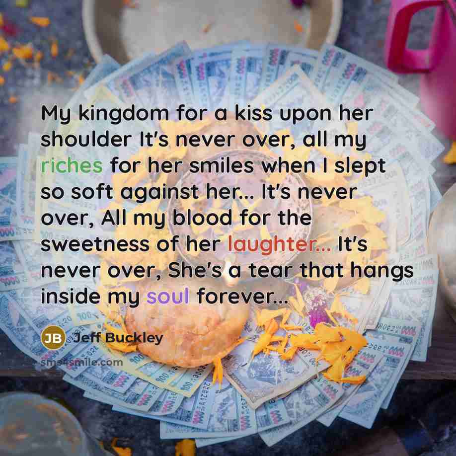 “My kingdom for a kiss upon her shoulder It's never…” quote by Jeff Buckley