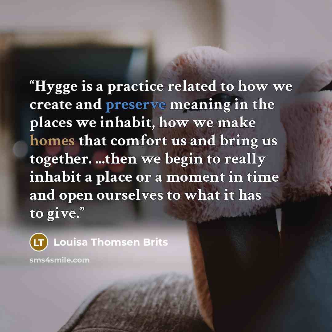 “Hygge is a practice related to how we create and preserve meaning in the places we inhabit, how we make homes that comfort us and bring us together. ...then we begin to really inhabit a place or a moment in time and open ourselves to what it has to give.” quote by Louisa Thomsen Brits