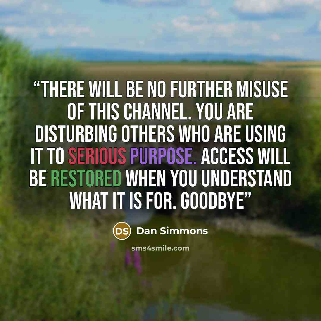 “THERE WILL BE NO FURTHER MISUSE OF THIS CHANNEL. YOU ARE DISTURBING OTHERS WHO ARE USING IT TO SERIOUS PURPOSE. ACCESS WILL BE RESTORED WHEN YOU UNDERSTAND WHAT IT IS FOR. GOODBYE” quote by Dan Simmons