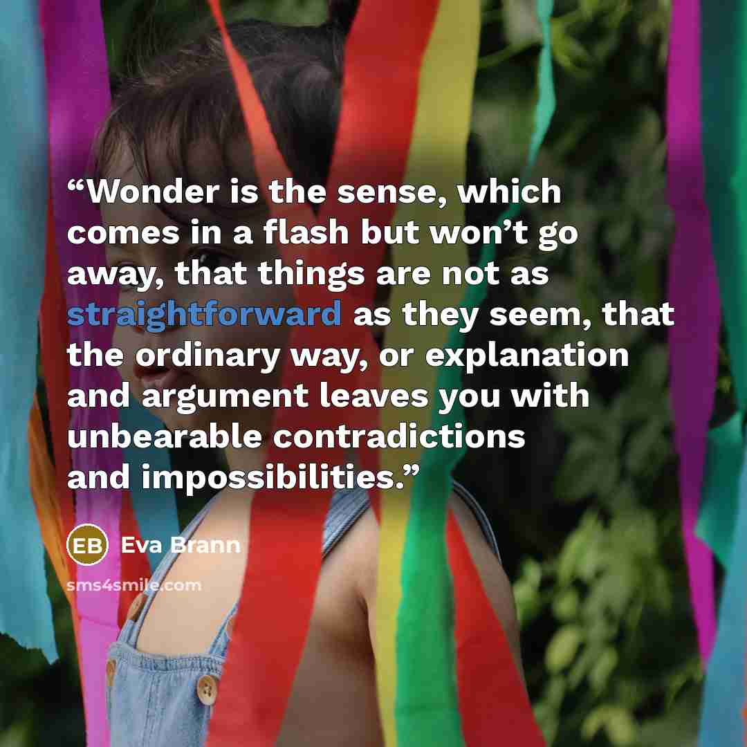 “Wonder is the sense, which comes in a flash but won’t go away, that things are not as straightforward as they seem, that the ordinary way, or explanation and argument leaves you with unbearable contradictions and impossibilities.” quote by Eva Brann
