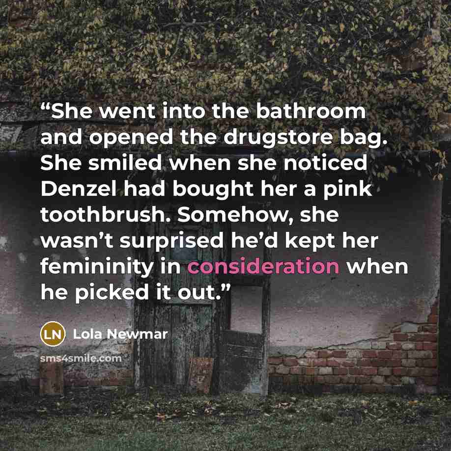 “She went into the bathroom and opened the drugstore bag. She smiled when she noticed Denzel had bought her a pink toothbrush. Somehow, she wasn’t surprised he’d kept her femininity in consideration when he picked it out.” quote by Lola Newmar