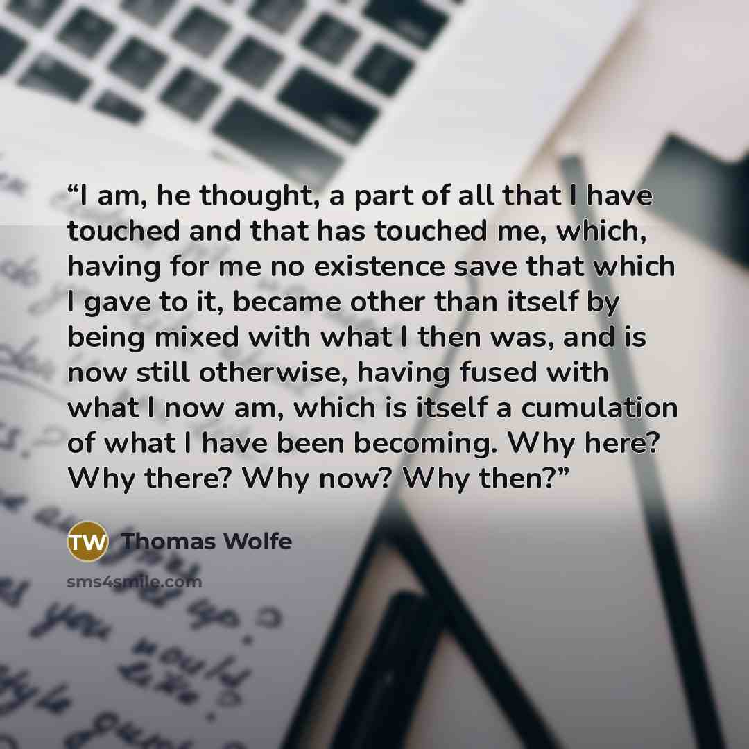 “I am, he thought, a part of all that I have touched and that has touched me, which, having for me no existence save that which I gave to it, became other than itself by being mixed with what I then was, and is now still otherwise, having fused with what I now am, which is itself a cumulation of…” quote by Thomas Wolfe