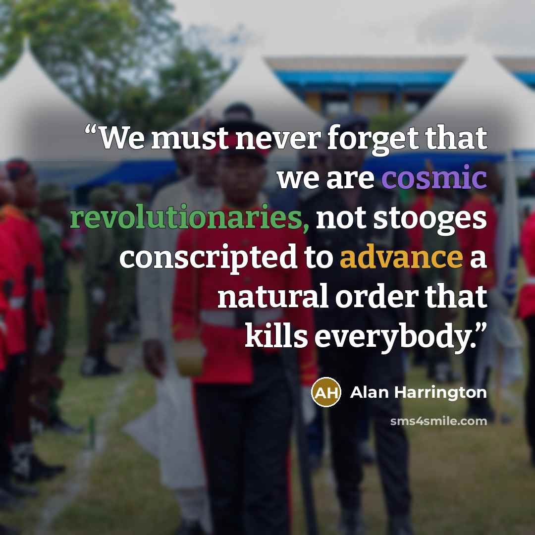 “We must never forget that we are cosmic revolutionaries, not stooges conscripted to advance a natural order that kills everybody.” quote by Alan Harrington