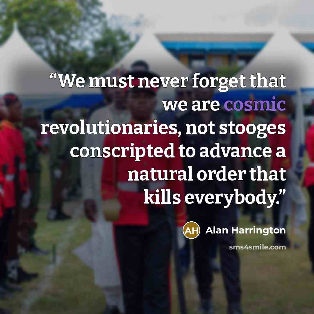 “We must never forget that we are cosmic revolutionaries, not stooges conscripted to advance a natural order that kills everybody.” quote by Alan Harrington