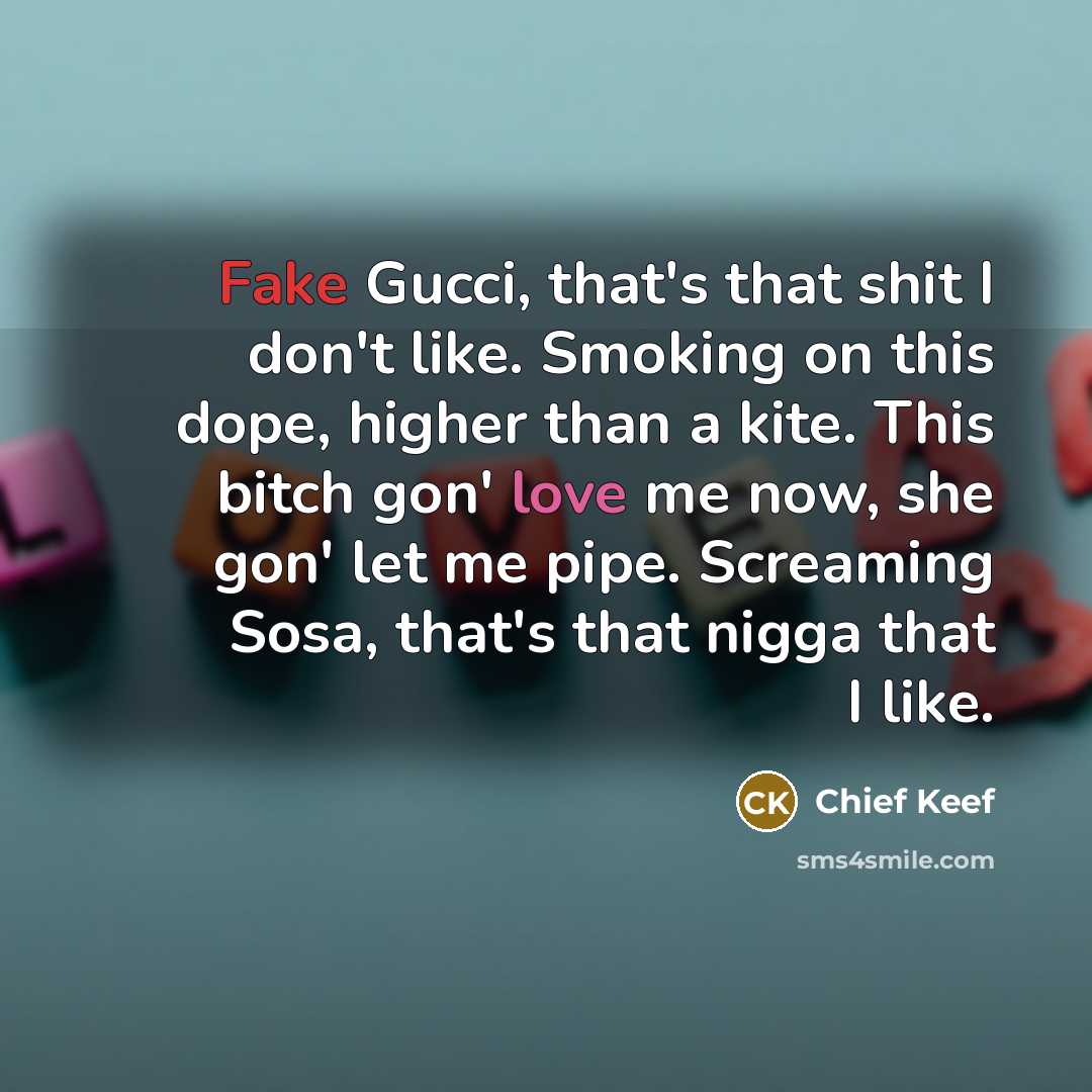 “Fake Gucci, that's that shit I don't like. Smoking on this dope, higher than a kite. This bitch gon' love me now, she gon' let me pipe. Screaming Sosa, that's that nigga that I like.” quote by Chief Keef