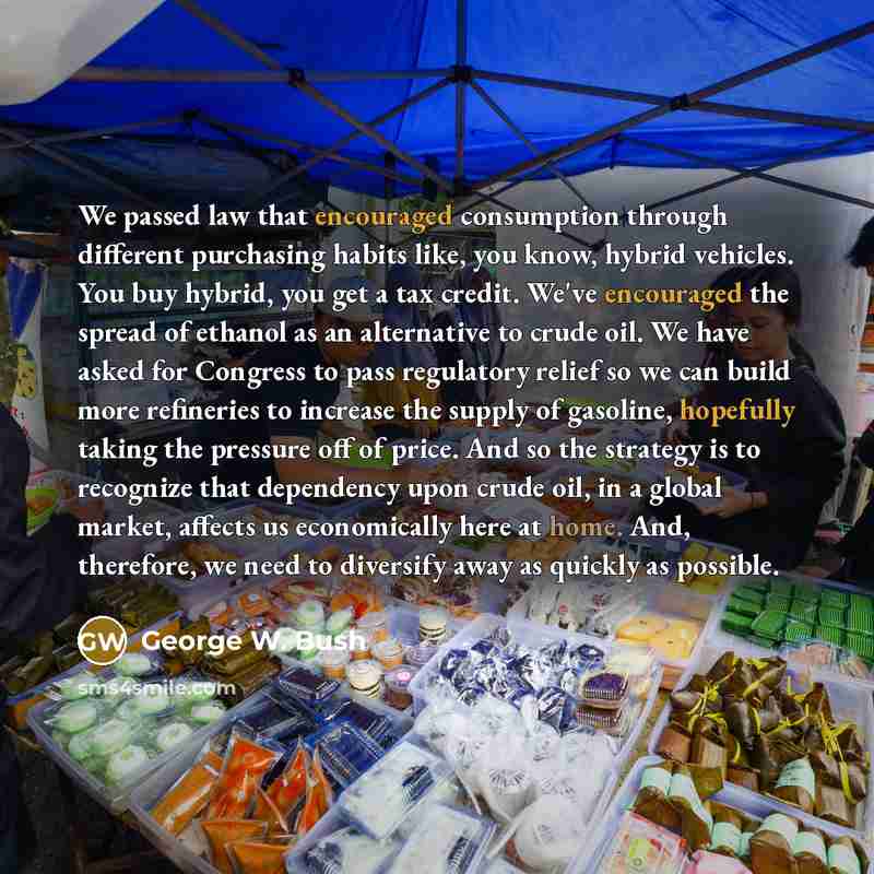 “We passed law that encouraged consumption through different purchasing habits like, you know, hybrid vehicles. You buy hybrid, you get a tax credit. We've encouraged the spread of ethanol as an alternative to crude oil. We have asked for Congress to pass regulatory relief so we can build more…” quote by George W. Bush