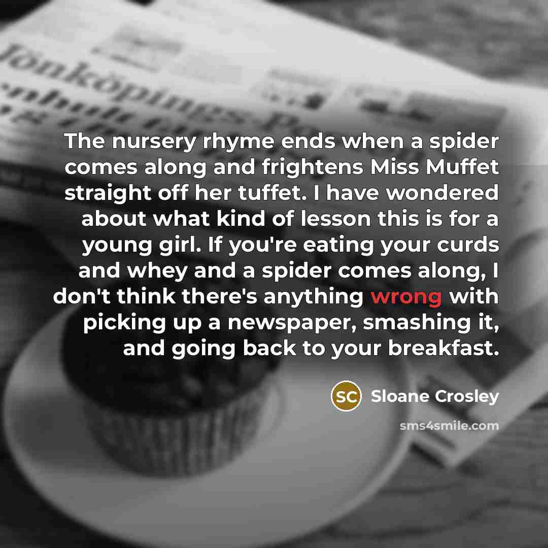 “The nursery rhyme ends when a spider comes along and…” quote by Sloane Crosley