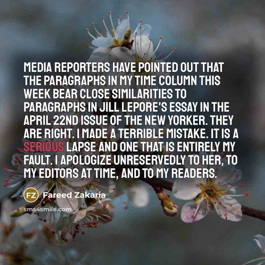 “Media reporters have pointed out that the paragraphs in my…” quote by Fareed Zakaria