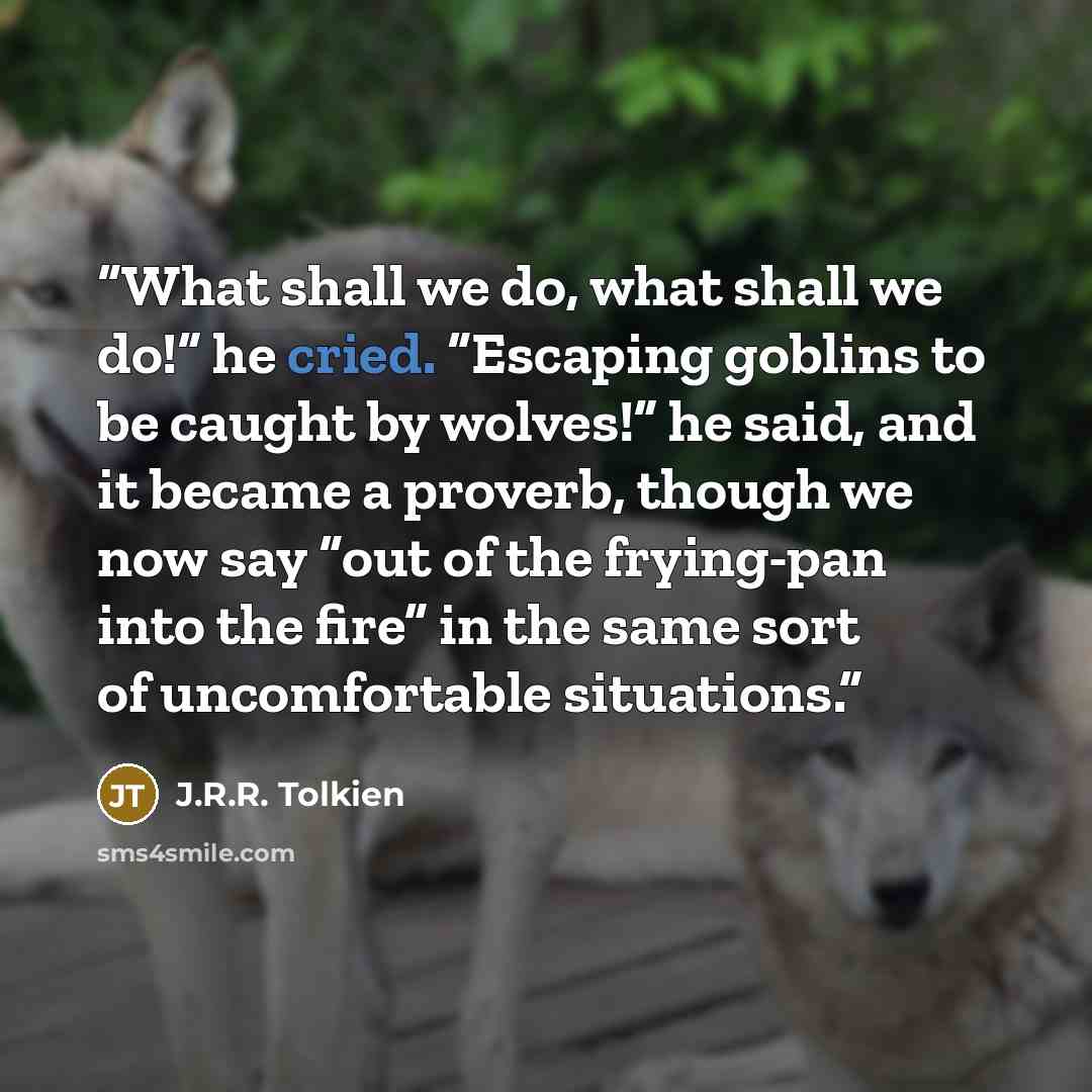 “What shall we do, what shall we do!” he cried. “Escaping goblins to be caught by wolves!” he said, and it became a proverb, though we now say “out of the frying-pan into the fire” in the same sort of uncomfortable situations.” quote by J.R.R. Tolkien