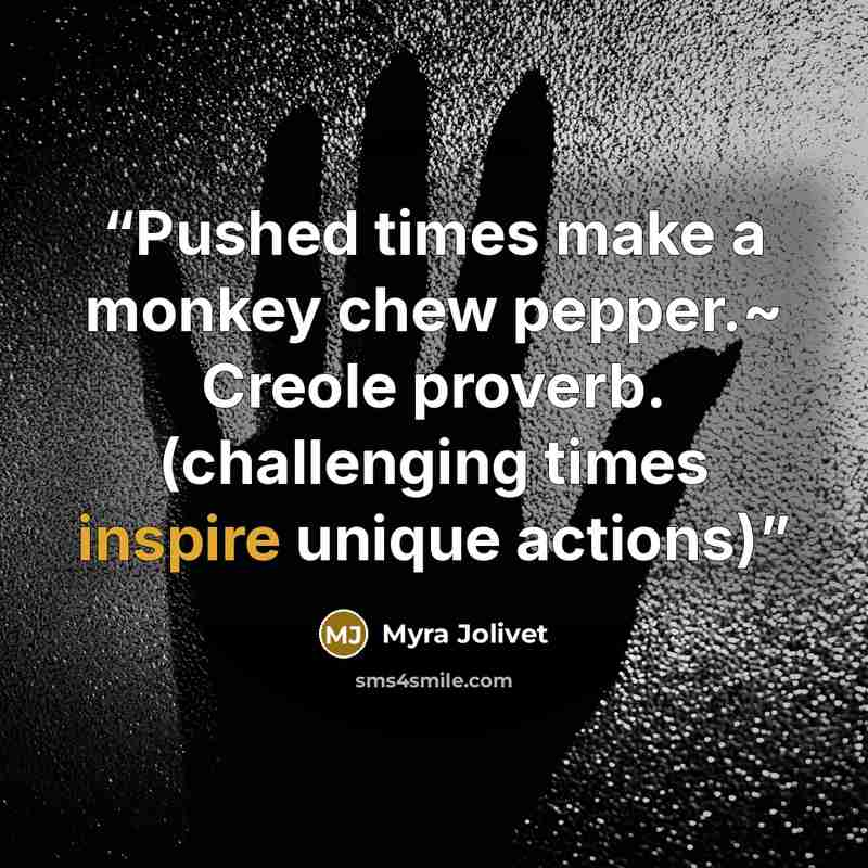 “Pushed times make a monkey chew pepper.~ Creole proverb. (challenging times inspire unique actions)” quote by Myra Jolivet