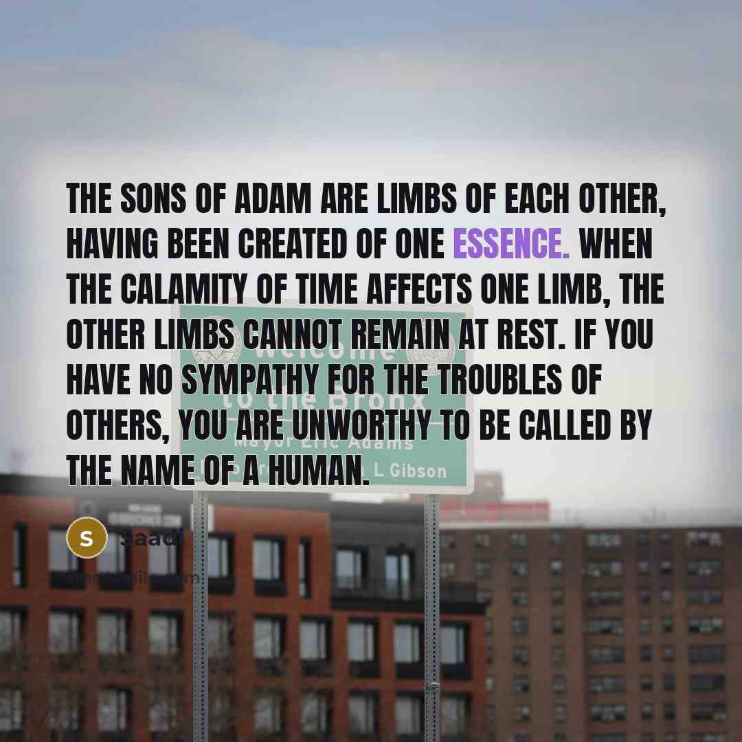 “The sons of Adam are limbs of each other, Having…” quote by Saadi