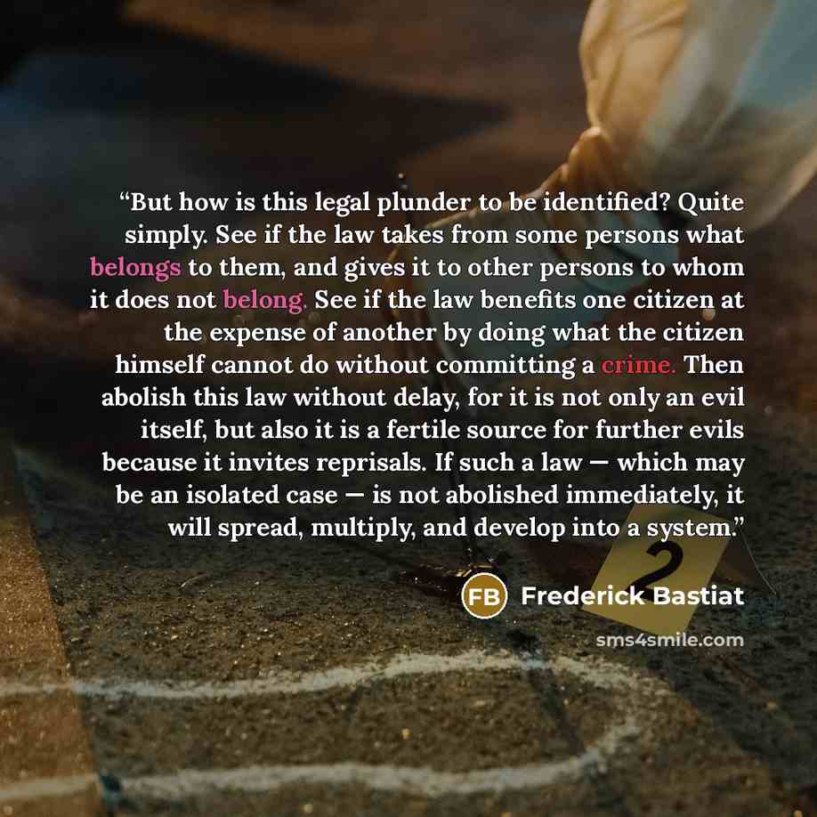 “But how is this legal plunder to be identified? Quite simply. See if the law takes from some persons what belongs to them, and gives it to other persons to whom it does not belong. See if the law benefits one citizen at the expense of another by doing what the citizen himself cannot do without…” quote by Frederick Bastiat