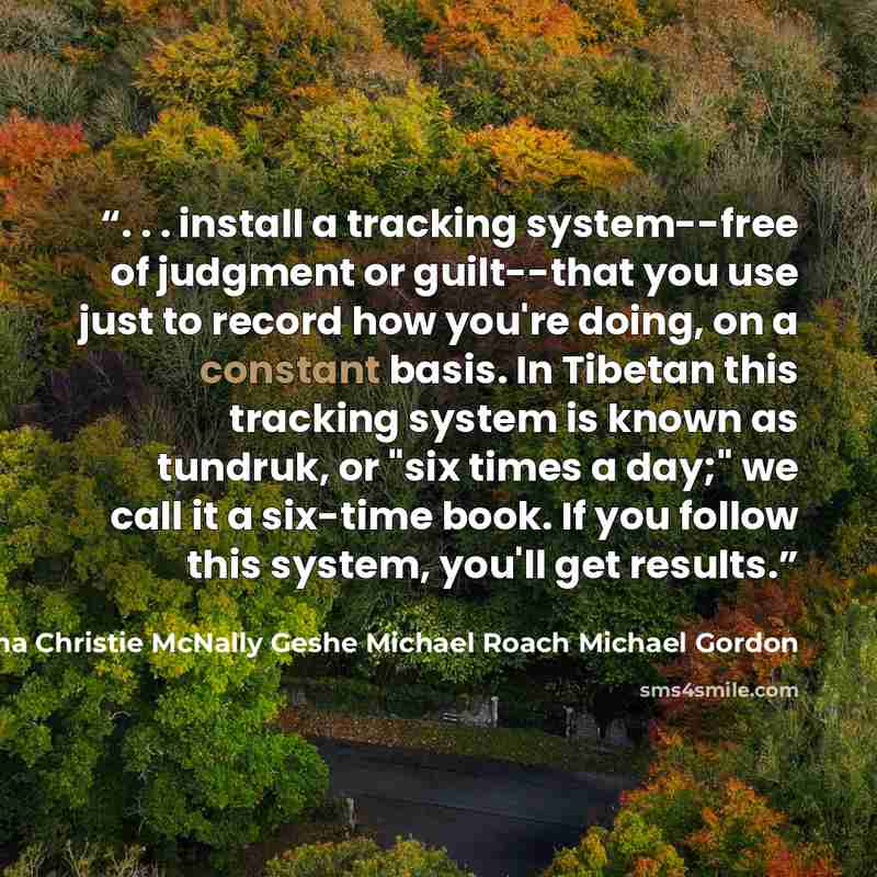 “. . . install a tracking system--free of judgment or guilt--that you use just to record how you're doing, on a constant basis. In Tibetan this tracking system is known as tundruk, or "six times a day;" we call it a six-time book. If you follow this system, you'll get results.” quote by Lama Christie McNally Geshe Michael Roach Michael Gordon