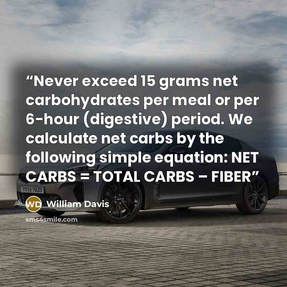 “Never exceed 15 grams net carbohydrates per meal or per 6-hour (digestive) period. We calculate net carbs by the following simple equation: NET CARBS = TOTAL CARBS – FIBER” quote by William Davis