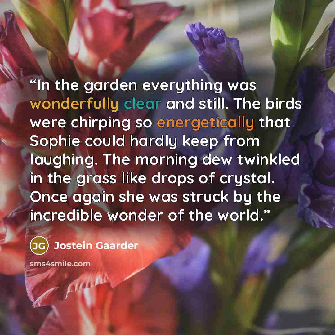 “In the garden everything was wonderfully clear and still. The birds were chirping so energetically that Sophie could hardly keep from laughing. The morning dew twinkled in the grass like drops of crystal. Once again she was struck by the incredible wonder of the world.” quote by Jostein Gaarder
