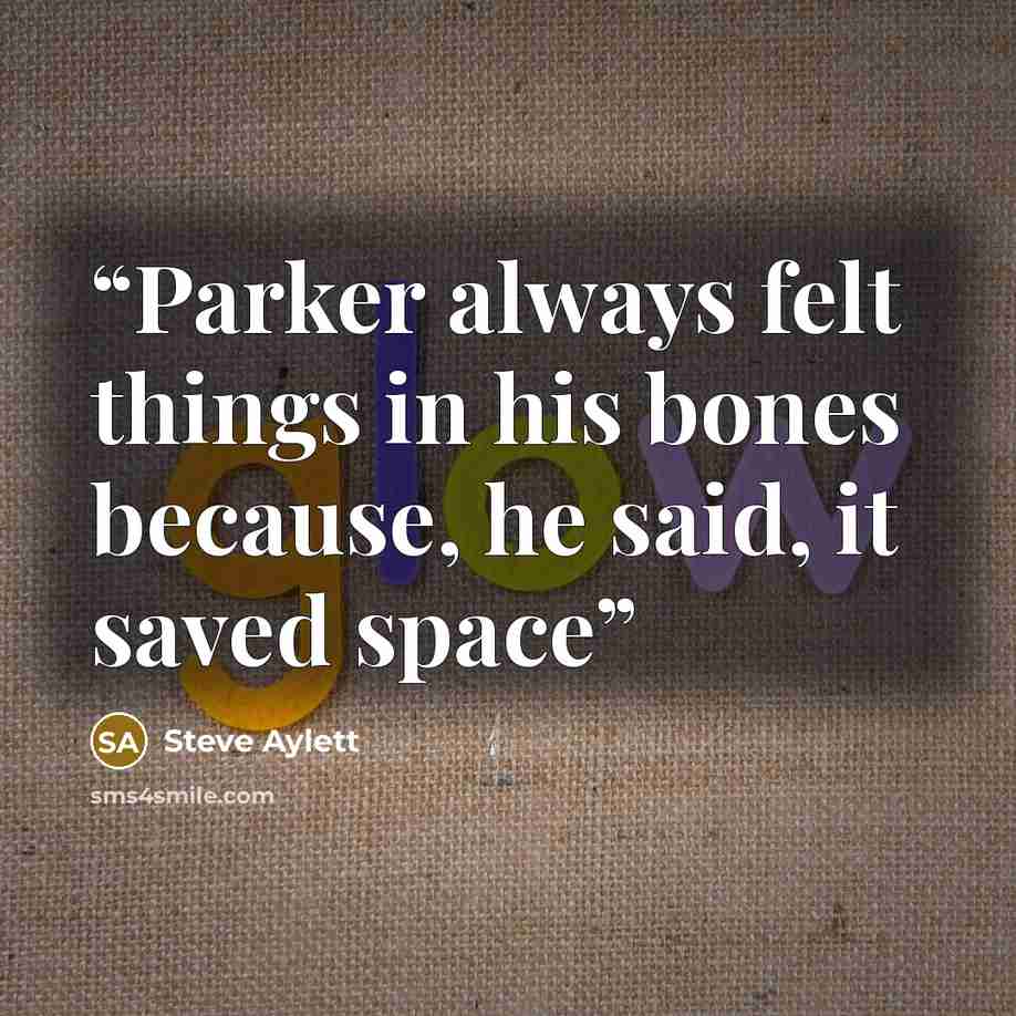 “Parker always felt things in his bones because, he said, it saved space” quote by Steve Aylett