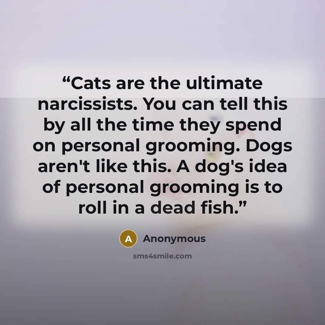 “Cats are the ultimate narcissists. You can tell this by all the time they spend on personal grooming. Dogs aren't like this. A dog's idea of personal grooming is to roll in a dead fish.” quote by Anonymous