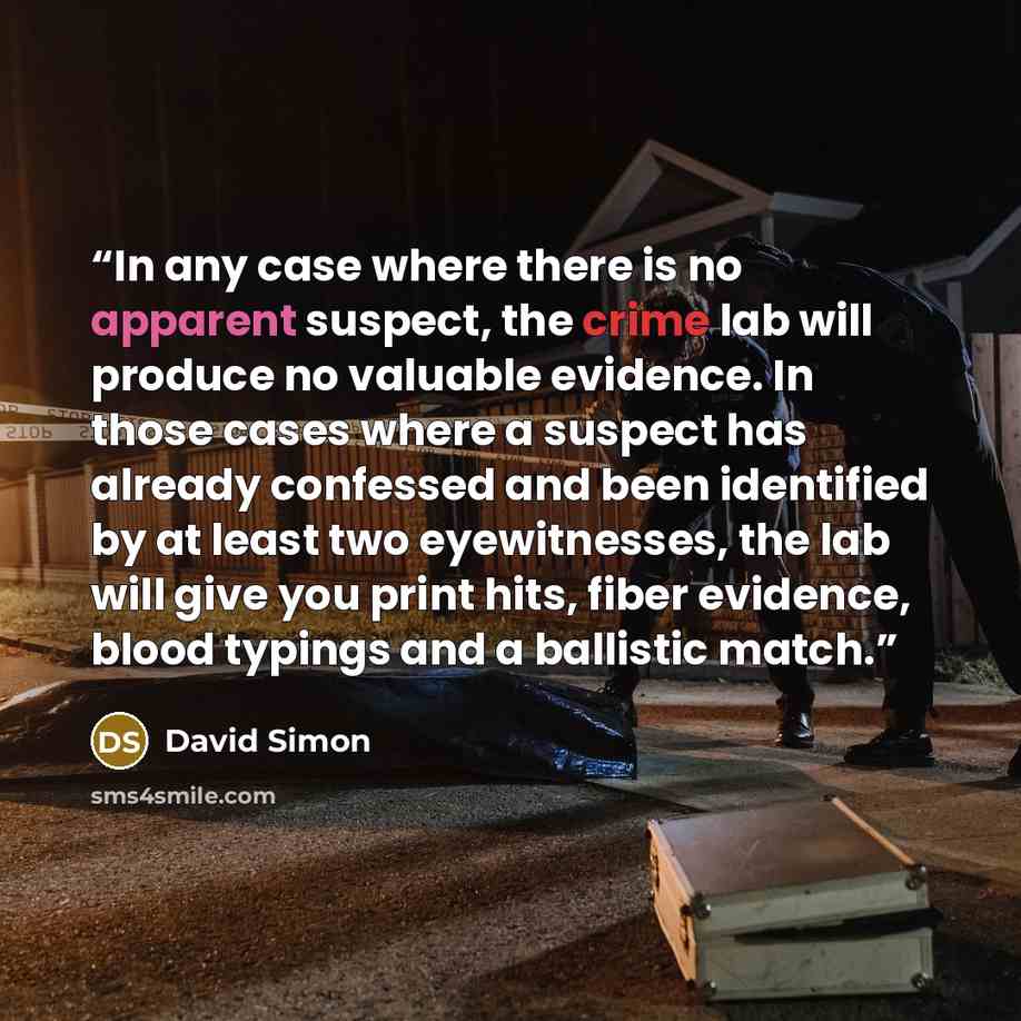 “In any case where there is no apparent suspect, the crime lab will produce no valuable evidence. In those cases where a suspect has already confessed and been identified by at least two eyewitnesses, the lab will give you print hits, fiber evidence, blood typings and a ballistic match.” quote by David Simon