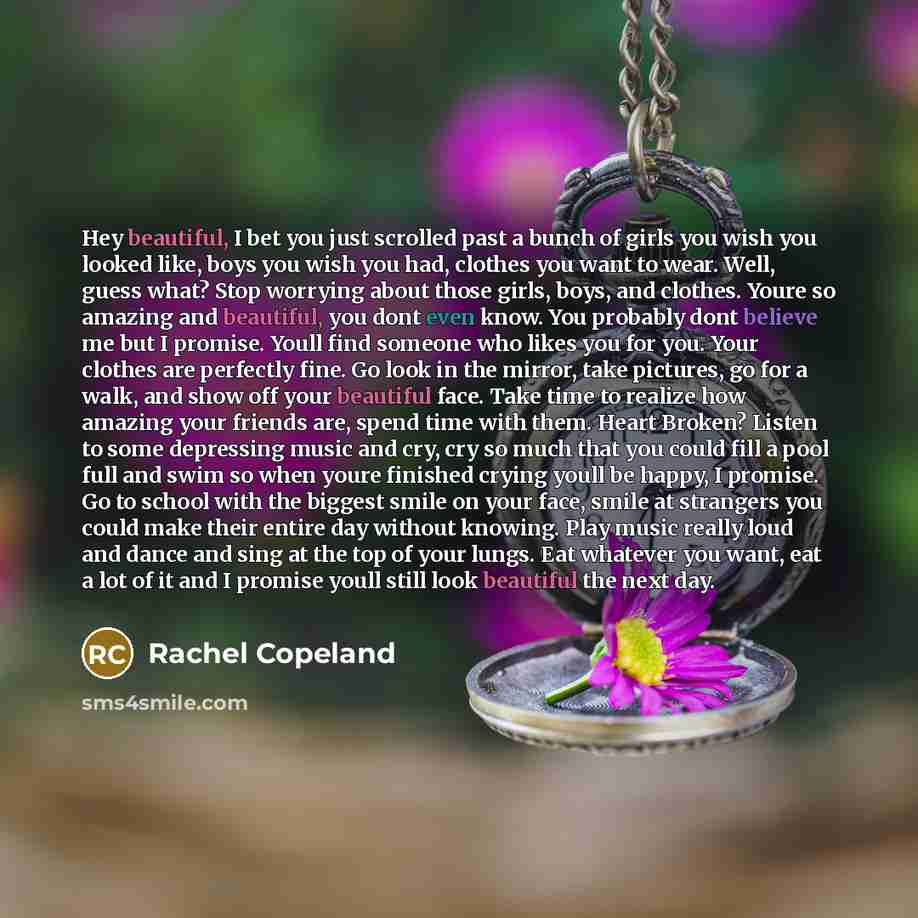 “Hey beautiful, I bet you just scrolled past a bunch…” quote by Rachel Copeland