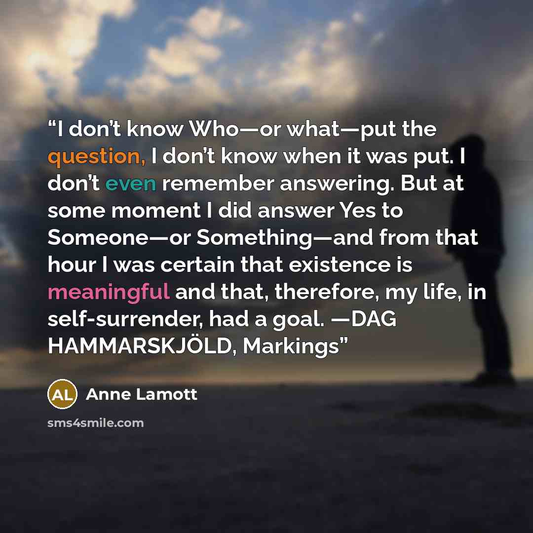 “I don’t know Who—or what—put the question, I don’t know when it was put. I don’t even remember answering. But at some moment I did answer Yes to Someone—or Something—and from that hour I was certain that existence is meaningful and that, therefore, my life, in self-surrender, had a goal. —DAG…” quote by Anne Lamott