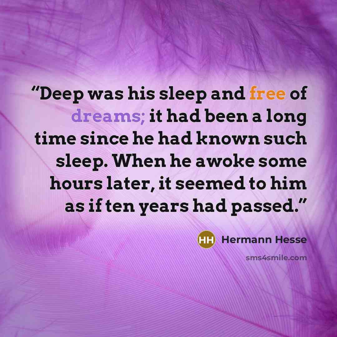 “Deep was his sleep and free of dreams; it had been a long time since he had known such sleep. When he awoke some hours later, it seemed to him as if ten years had passed.” quote by Hermann Hesse