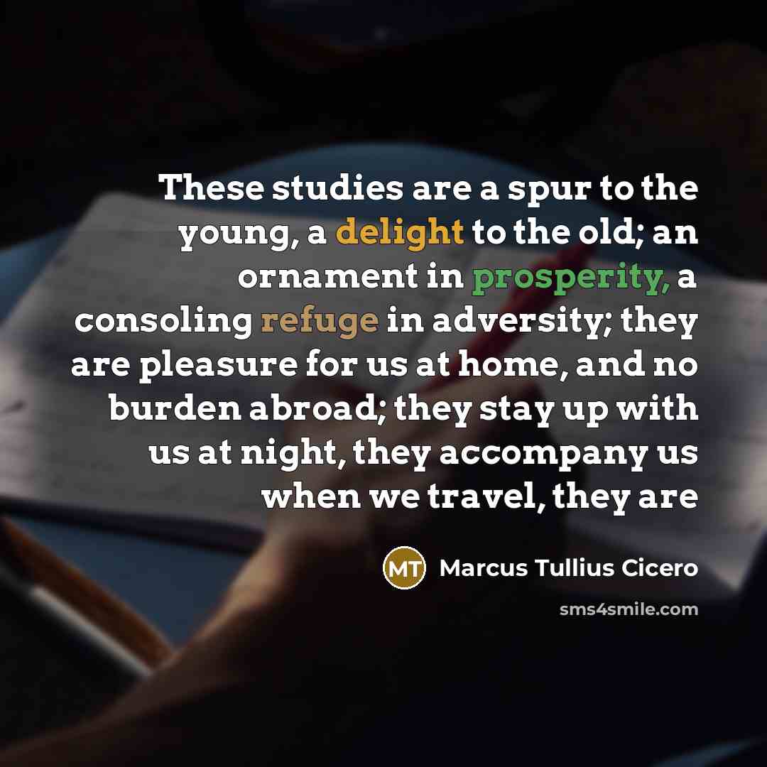 “These studies are a spur to the young, a delight to the old; an ornament in prosperity, a consoling refuge in adversity; they are pleasure for us at home, and no burden abroad; they stay up with us at night, they accompany us when we travel, they are” quote by Marcus Tullius Cicero