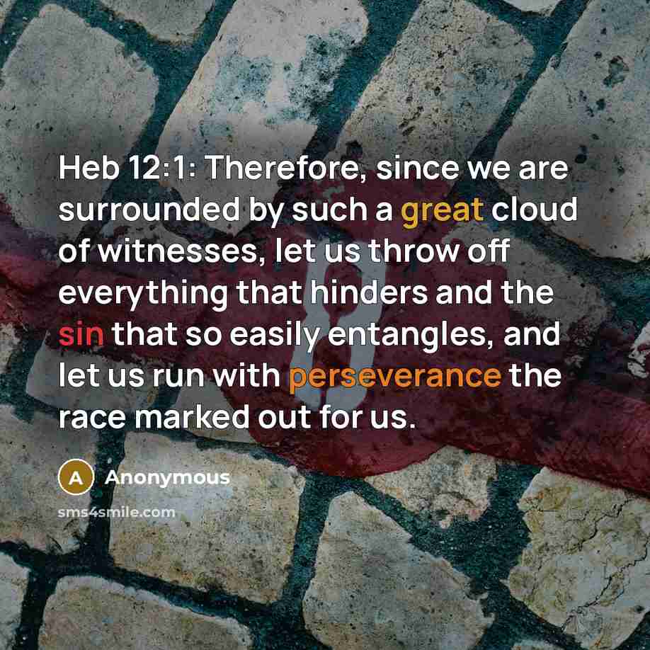 “Heb 12:1: Therefore, since we are surrounded by such a great cloud of witnesses, let us throw off everything that hinders and the sin that so easily entangles, and let us run with perseverance the race marked out for us.” quote by Anonymous