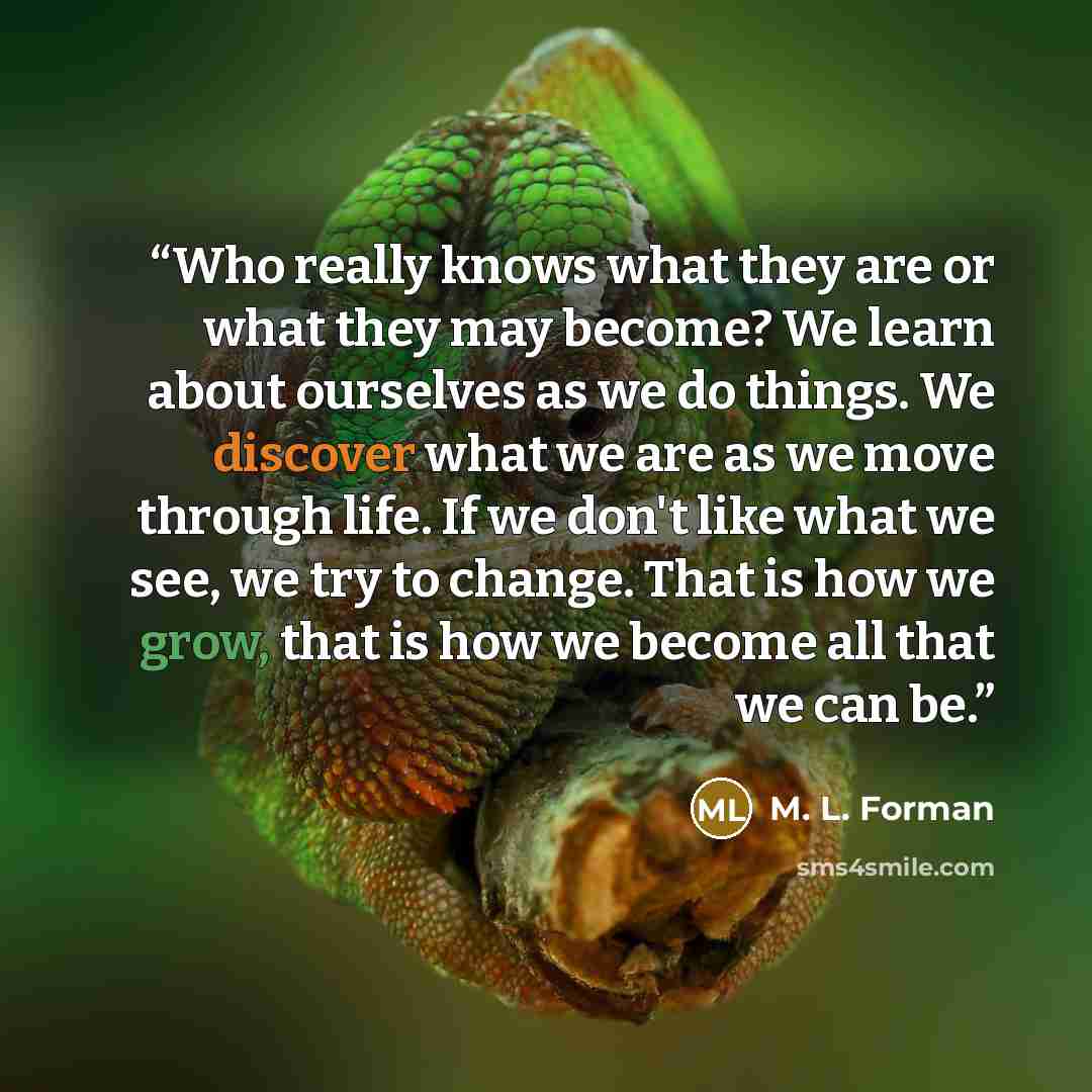 “Who really knows what they are or what they may become? We learn about ourselves as we do things. We discover what we are as we move through life. If we don't like what we see, we try to change. That is how we grow, that is how we become all that we can be.” quote by M. L. Forman