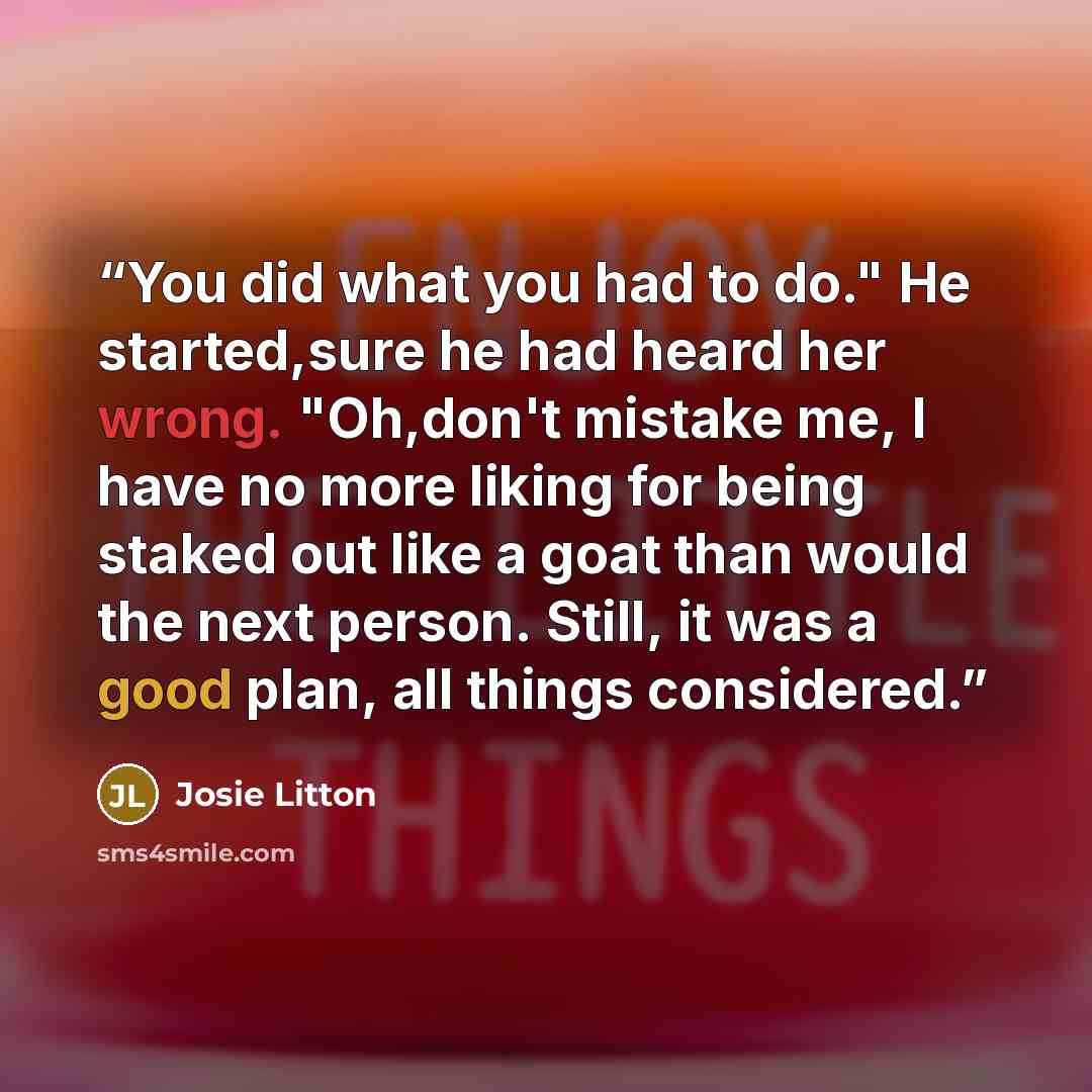 “You did what you had to do." He started,sure he had heard her wrong. "Oh,don't mistake me, I have no more liking for being staked out like a goat than would the next person. Still, it was a good plan, all things considered.” quote by Josie Litton