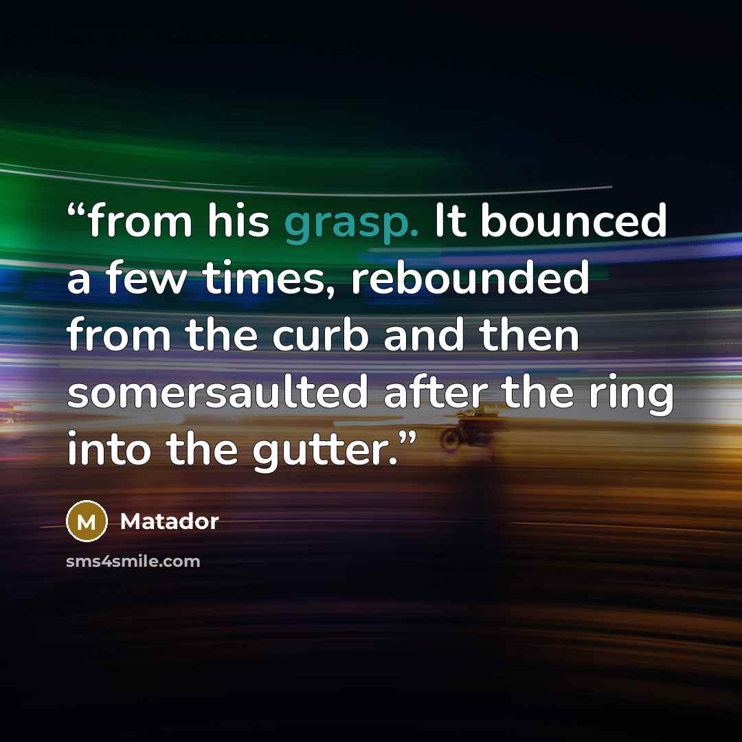 “from his grasp. It bounced a few times, rebounded from the curb and then somersaulted after the ring into the gutter.” quote by Matador