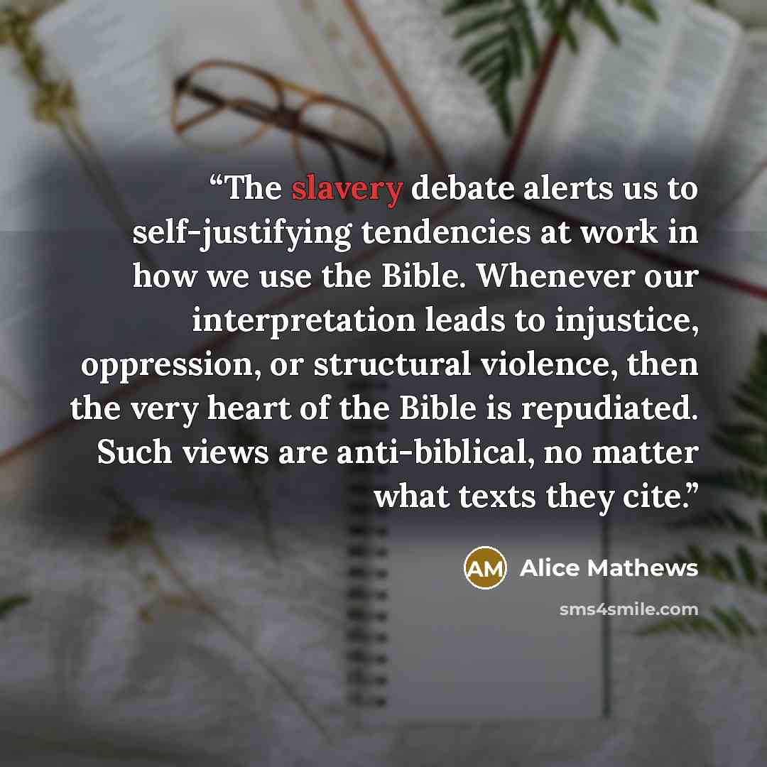 “The slavery debate alerts us to self-justifying tendencies at work in how we use the Bible. Whenever our interpretation leads to injustice, oppression, or structural violence, then the very heart of the Bible is repudiated. Such views are anti-biblical, no matter what texts they cite.” quote by Alice Mathews