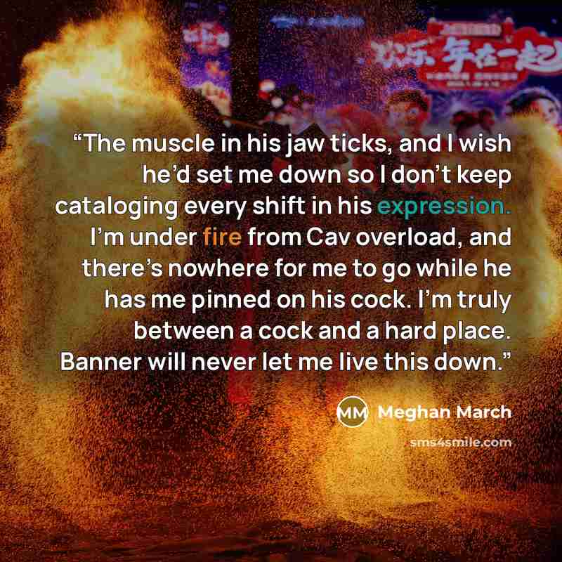 “The muscle in his jaw ticks, and I wish he’d set me down so I don’t keep cataloging every shift in his expression. I’m under fire from Cav overload, and there’s nowhere for me to go while he has me pinned on his cock. I’m truly between a cock and a hard place. Banner will never let me live this…” quote by Meghan March