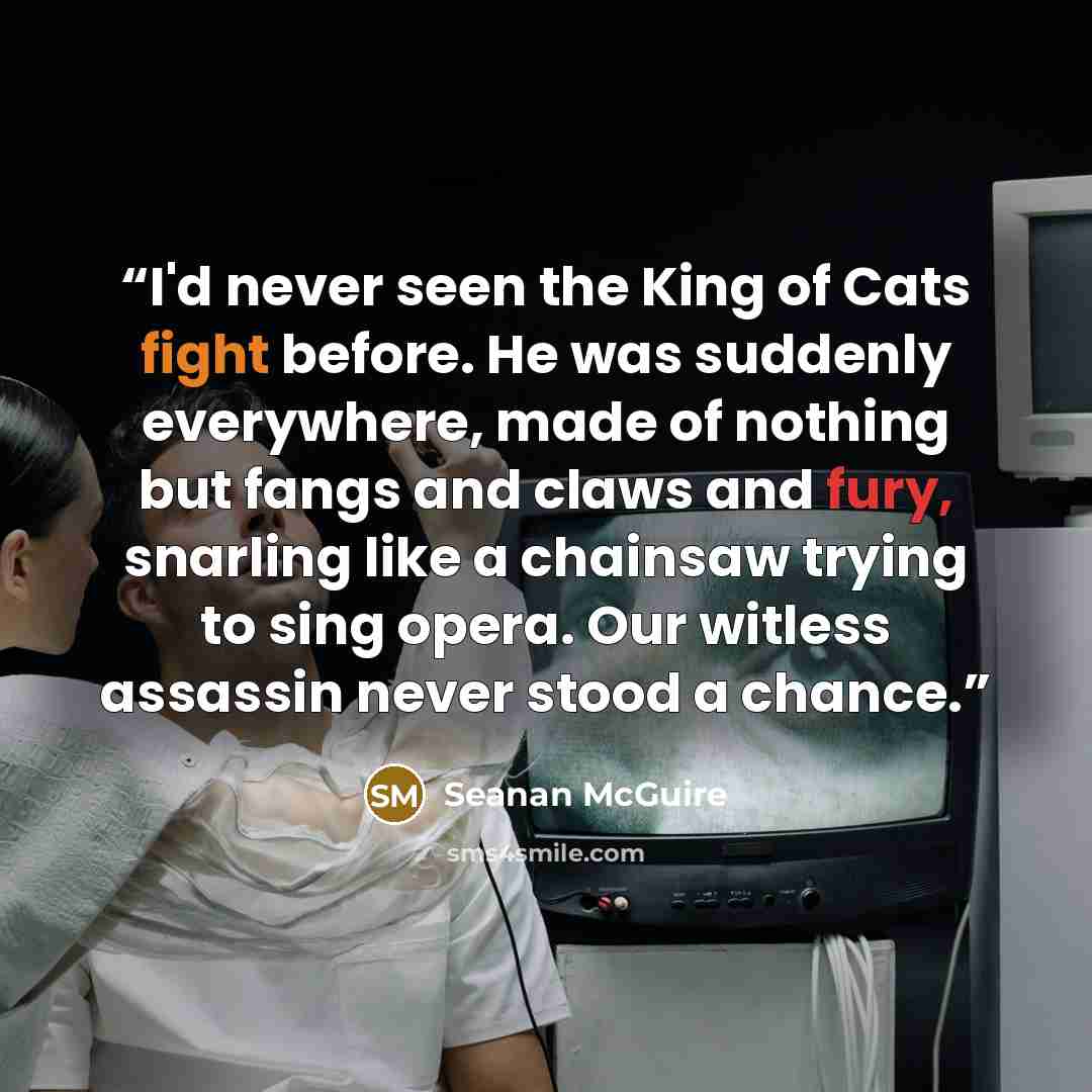 “I'd never seen the King of Cats fight before. He was suddenly everywhere, made of nothing but fangs and claws and fury, snarling like a chainsaw trying to sing opera. Our witless assassin never stood a chance.” quote by Seanan McGuire