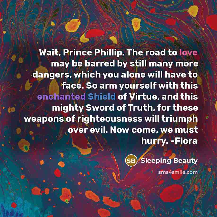 “Wait, Prince Phillip. The road to love may be barred by still many more dangers, which you alone will have to face. So arm yourself with this enchanted Shield of Virtue, and this mighty Sword of Truth, for these weapons of righteousness will triumph over evil. Now come, we must hurry. -Flora” quote by Sleeping Beauty